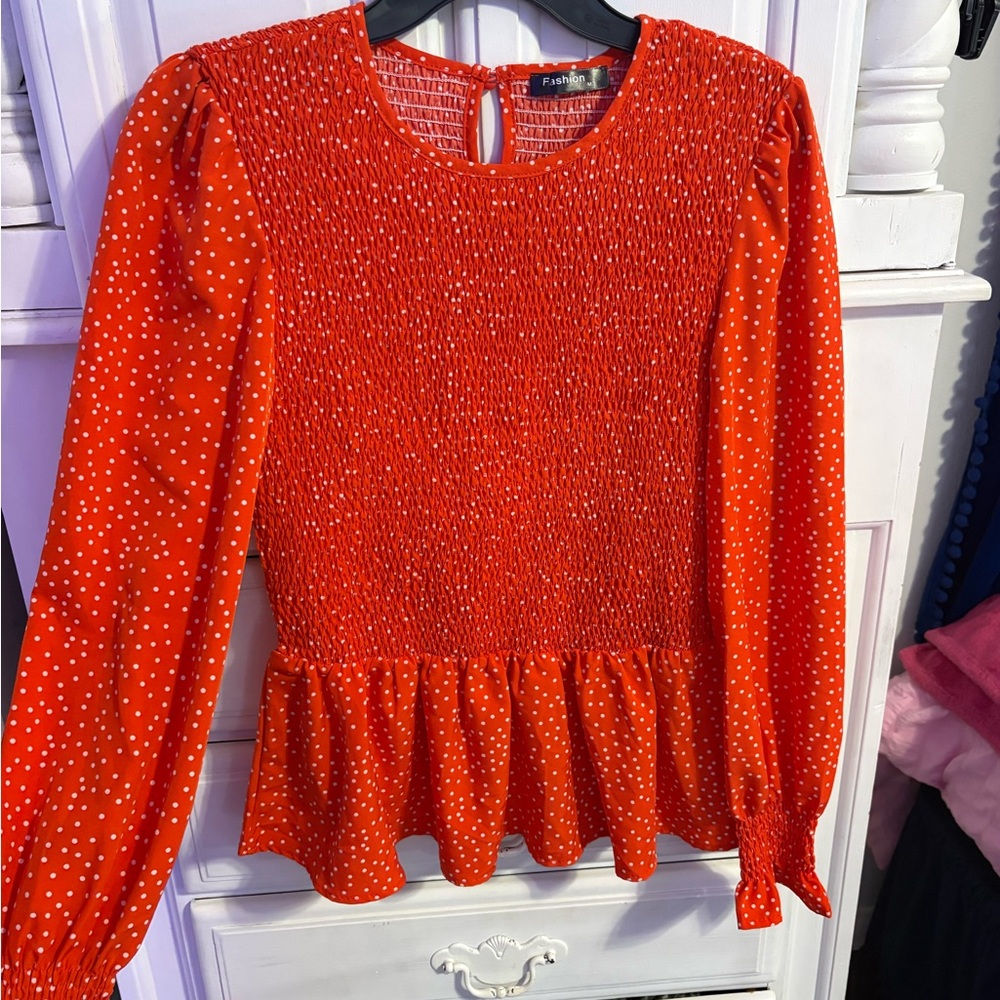Forever 21 Red Polka Dot Smocked Blouse